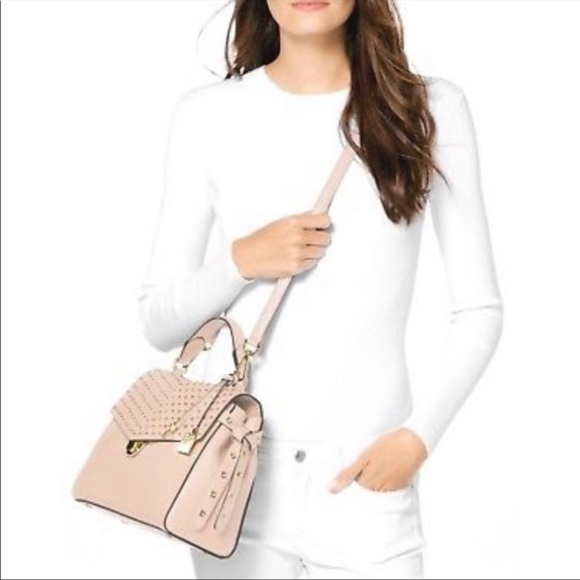 Michael Kors Bristol Studded Leather Satchel Crossbody Purse Shoulder Bag Pink - Picture 2 of 16